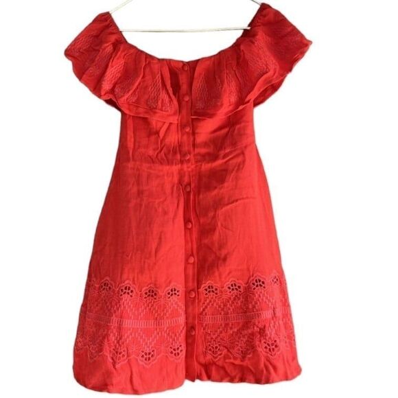 Design Lab Embroidery Dress XS Eyelet Red Off Shoulder Button Front Fit‎ Flare - Picture 2 of 6
